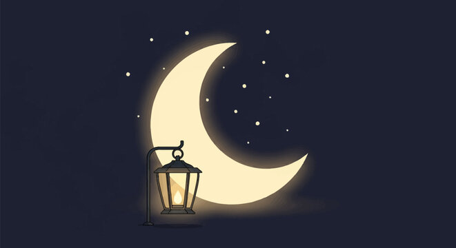 Stylized glowing crescent moon with a vintage lantern containing a lit candle flame, set against a dark night sky with small scattered stars in flat vector illustration style.
