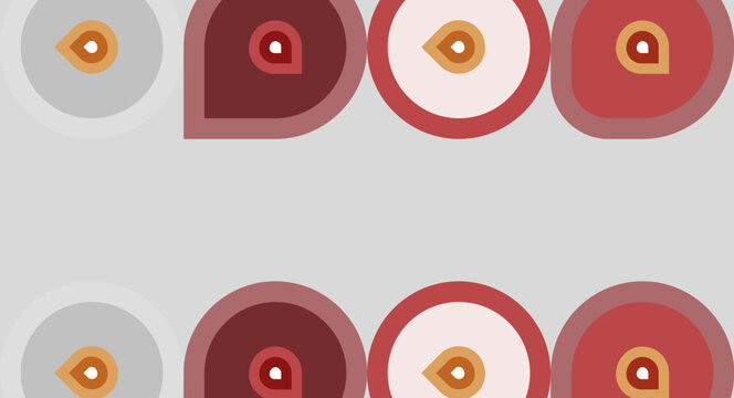 Repeating pattern features concentric circles, varying colors. Shapes include rounded triangles, beige, maroon tones. Minimalist design, simple geometry.