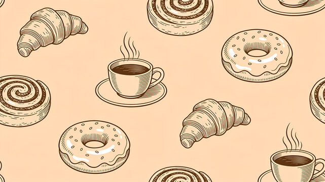 Seamless dessert pattern featuring sweet pastry and steaming coffee line art