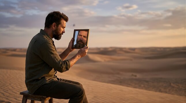 Man sitting in a vast desert landscape holding a mirror to reflect himself