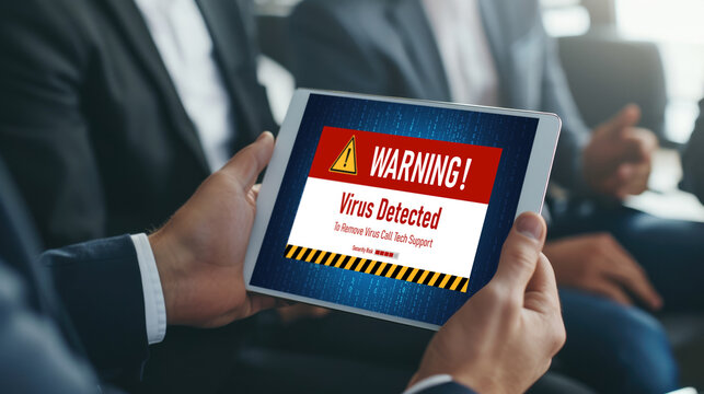Virus warning alert on computer screen detected brisk cyber threat, hacker, computer virus and malware