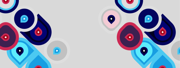 Fototapeta premium Abstract geometric shapes, circles, ovals, blue, pink, navy colors. Minimalist design, repeating pattern, light gray background.