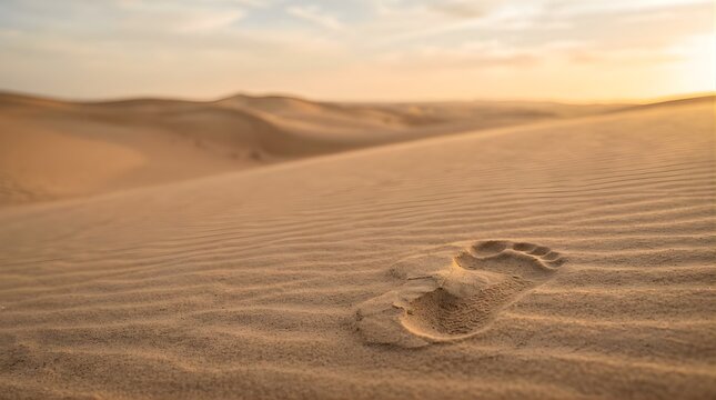 Single footprint on sand dunes in a sunny desert landscape at sunset