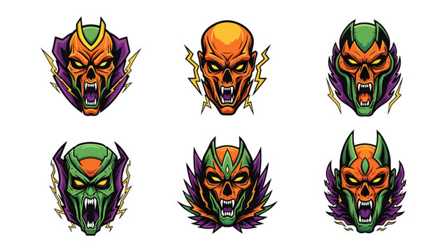 Monster Icons Set: A collection of six distinct, stylized monster head illustrations, each with unique colors and menacing expressions, suitable for game design or graphic elements.