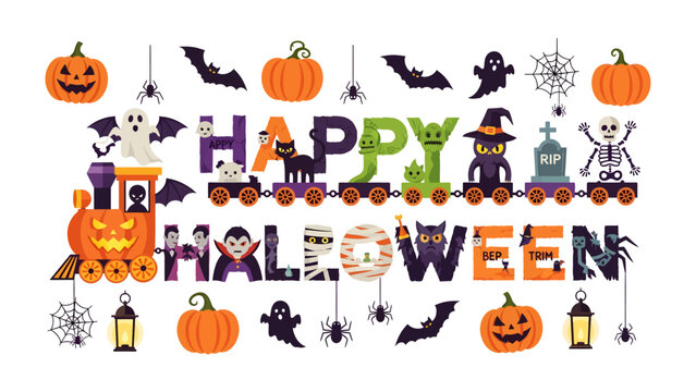 Halloween Express: A festive collection of Halloween-themed illustrations, including pumpkins, ghosts, bats, and spooky characters, all aboard a playful train.