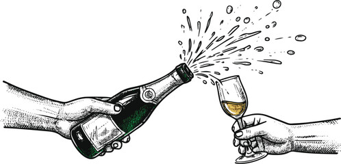 Created on Hand Drawn Champagne vector sketch illustration. Human hand holding explosion champagne bottle and drinking glass vector art on white background © MdMasud