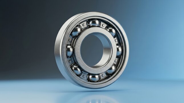 Precision engineered industrial ball bearing 3D render, rolling element bearing assembly, high speed rotational support component, low friction mechanical system