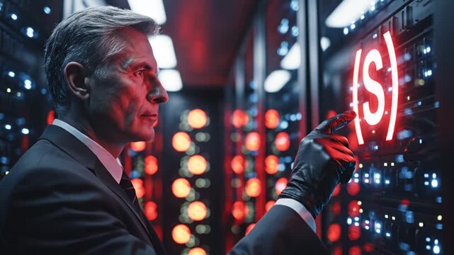 Serious senior businessman with a gloved hand touching a glowing red paragraph sign in a dark, high-tech server room, representing secure digital legal data.