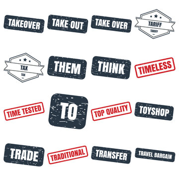 Takeover, Take Out, Take Over, Tariff, Tax, Them, Think, Timeless, Time Tested, To, Top Quality, Toyshop, Trade, Traditional, Transfer and Travel Bargain Vintage Grunge Rubber Stamp Collection Vector 