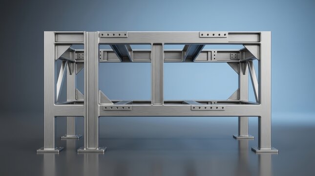Precision engineered industrial support frame 3D render, structural load bearing frame assembly, heavy duty mechanical chassis structure, rigid metal framework