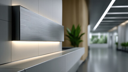 Obraz premium Minimalist green sign board with brushed metal texture in modern office corridor, natural light, indoor plant, calm atmosphere