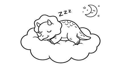 Obraz premium Cute cartoon triceratops dinosaur sleeping peacefully on a fluffy cloud under the moon coloring page