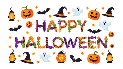 Fototapeta premium Happy Halloween Vignette: A playful arrangement of Halloween icons, including jack-o'-lanterns, bats, witch hats, and ghosts, spells out Happy Halloween with candy, inviting festive fun.
