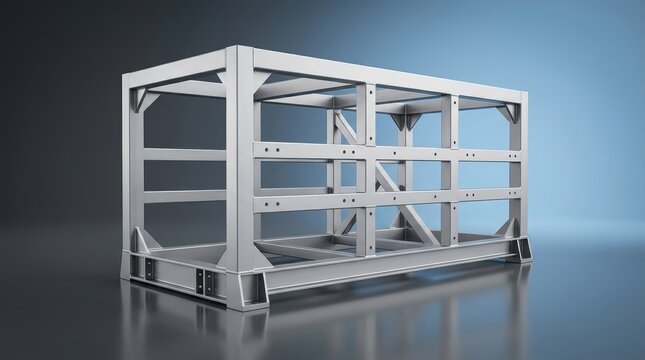 Precision engineered industrial frame structure 3D render, structural load bearing metal skeleton, mechanical support chassis system for machinery and robotics