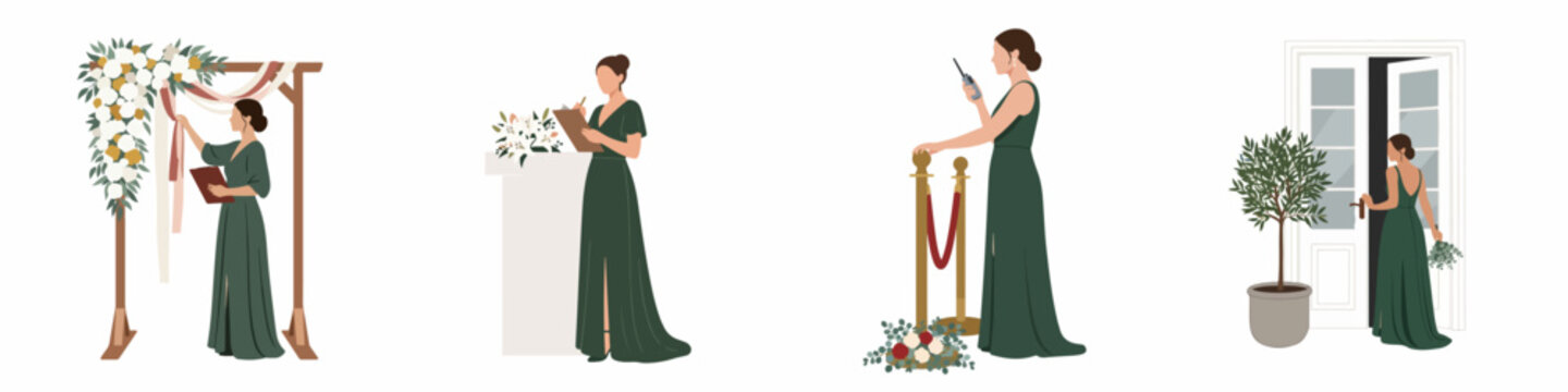 Flat illustrations of a professional female wedding or event planner in a green gown performing various organizational tasks like decorating and guest management.