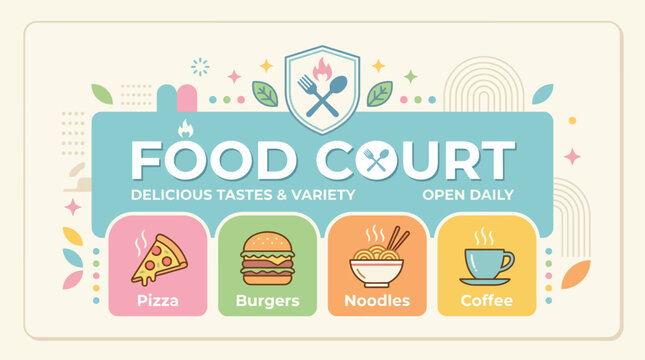 Cute Pastel Food Court Banner Design With Pizza Burgers Noodles Coffee Icons And Shield Fork Spoon Flame For Delicious Tastes Variety Open Daily Restaurant Mall Canteen And Cafe Promotion