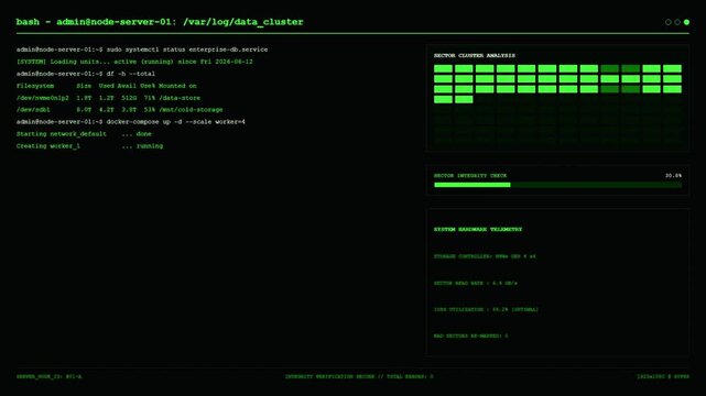 Linux Bash Server Admin Docker Cluster Health Raft Consensus NVMe Storage Sector Integrity Terminal Animation.