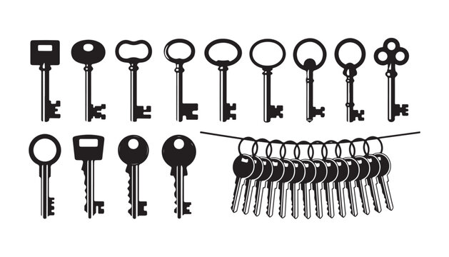Detailed vertical door keys and bunch of keys hanging on wire isolated on transparent background art.
