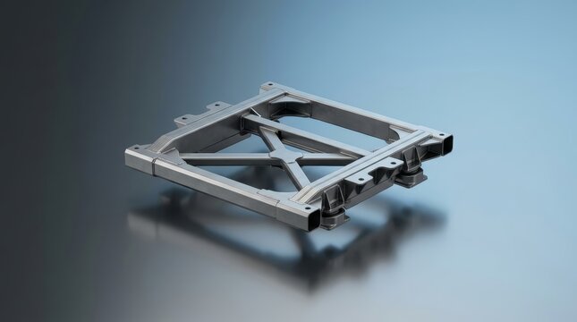 Precision engineered industrial subframe assembly 3D render, localized load bearing structure, vibration isolated chassis support system for automotive and machinery