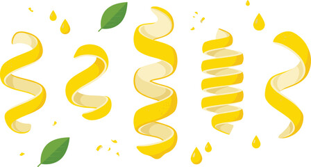 Fresh Lemon Peel Vector Element Set with Twisted Citrus Zest Spirals, Green Mint Leaves, and Juicy Droplets for Beverage Cocktails and Organic Food Packaging Designs