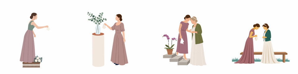 Minimalist flat illustration set of women in elegant gowns for a formal wedding or celebration event. © Nadya