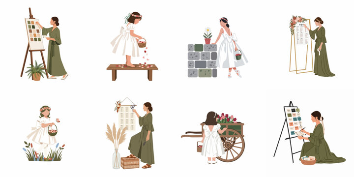 Flat vector illustrations of women and flower girls engaged in various wedding preparation activities like planning, decorating, and scattering petals.