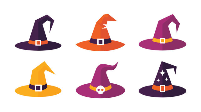 Assortment of six colorful witch hats in various styles for festive Halloween celebrations