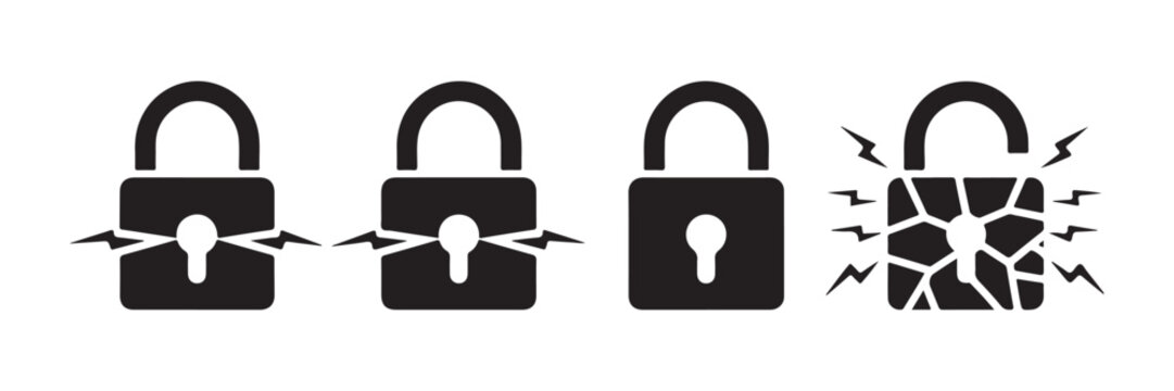 Cybersecurity failure icons depicting cracked padlocks and electrical sparks for data breach theme.