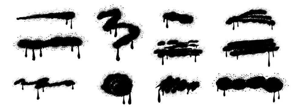 Spray paint aerosol effect, set graffiti squiggly lines with paint drips. Graffiti grunge paint shapes with spots and drops. Abstract paint brush stroke.