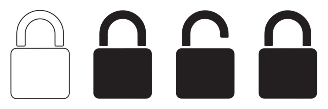 Padlock icon set for web security and digital safety protection with locked and unlocked flat shapes.