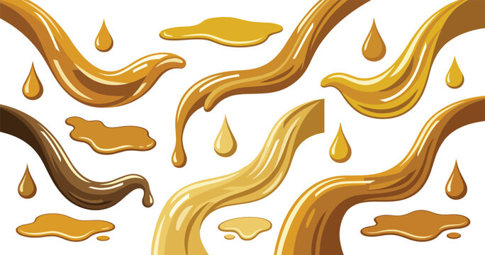 Liquid Caramel and Honey Splash Vector Set with Flowing Sweet Waves, Puddles, and Glossy Droplets for Dessert Packaging, Caf&eacute; Menus, and Food Product Advertisements