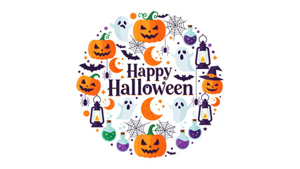 Fototapeta premium Happy Halloween Collection: A festive arrangement of classic Halloween symbols including jack-o'-lanterns, ghosts, bats, witches, and spiders.