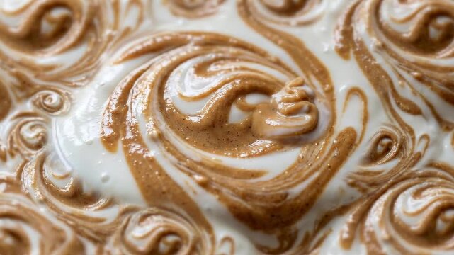 Slow motion macro tracking close up of peanut butter and yogurt swirl being mixed and folded on kitchen countertop studio table, creamy glossy texture