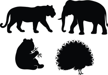 Asian wildlife animals silhouette set featuring walking tiger elephant panda eating bamboo and peacock icon isolated on white background © MSTMEHEJABINBINDA