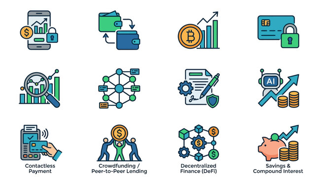 Cryptocurrency and finance icons set.