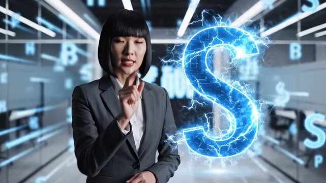 Focused Asian businesswoman presenting a glowing blue paragraph sign with electrical effects in a modern digital environment, symbolizing dynamic legal innovation.