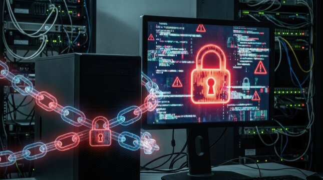 Cybersecurity Concept: A digital padlock and a broken chain adorn a computer screen displaying code and warning symbols, representing data security and network protection in a server room.