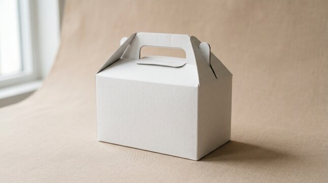 A white gable box is positioned on a surface near a window.
