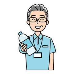 Fototapeta premium 笑顔でペットボトルを差し出すポロシャツのシニア男性のイラスト