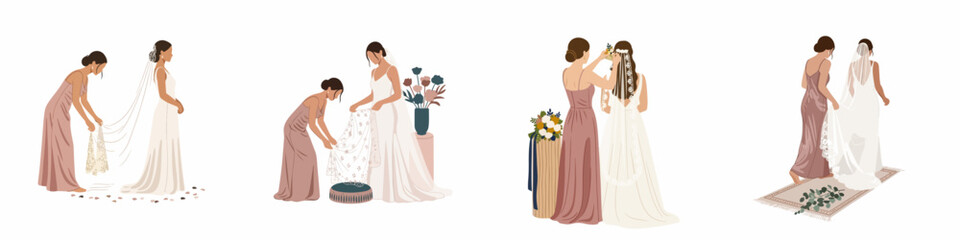Minimalist vector illustration set of a bride and bridesmaid preparing for a wedding, featuring elegant poses and a soft color palette. © Nadya