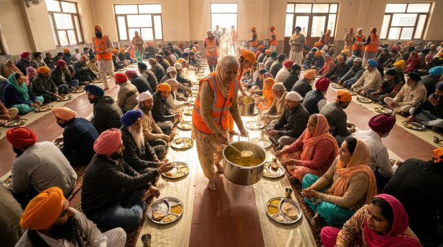Communal Meal in a Gurdwara: A scene of community and sharing as people of all ages gather on the floor to partake in a langar, a communal meal served in a Sikh gurdwara.