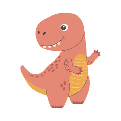 Lovely pink tyrannosaurus rex standing on its hind legs and waving its small hand cheerfully. Vector illustration © Elena