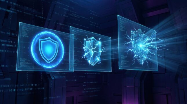 Cybersecurity Shield Evolution: A visual representation of cybersecurity evolution, showcasing the transformation from a protective shield to a fractured shield and finally to a complex threat.