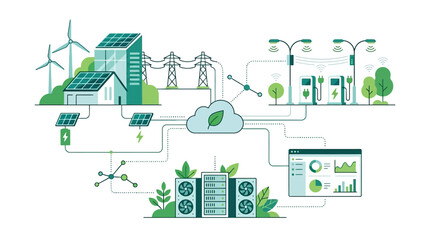 Naklejka premium Infographic illustration of sustainable energy systems with solar panels, wind turbines, and green technology, showcasing eco-friendly power distribution and environmental conservation.
