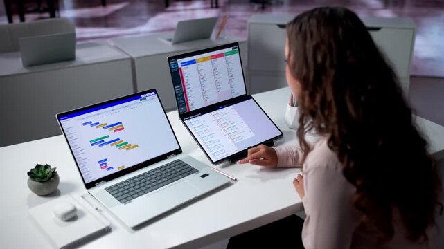 Project Manager Reviews Gantt Chart Schedule Carefully