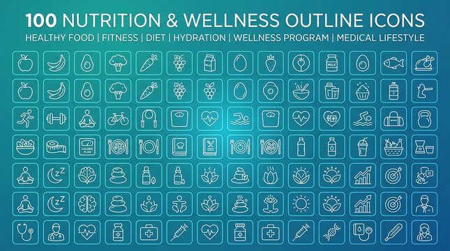 Nutrition and wellness health improvement outline icon collection with nutrition