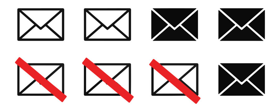 Mail envelope icon collection with crossed out prohibition signs and simple message notification set.