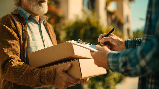 realistic close-up of package courier interaction with delivery worker holding shipping boxes and older customer signing delivery confirmation form, real hands, soft golden daylight illuminating hands