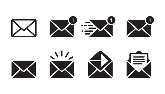 Email notification mail icon set with new message alert send status and open letter vector illustra.
