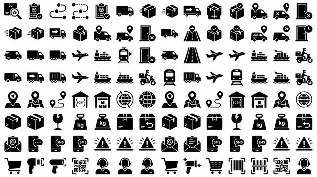 Set of 100 logistics and supply chain glyph icons with logistics, transport
